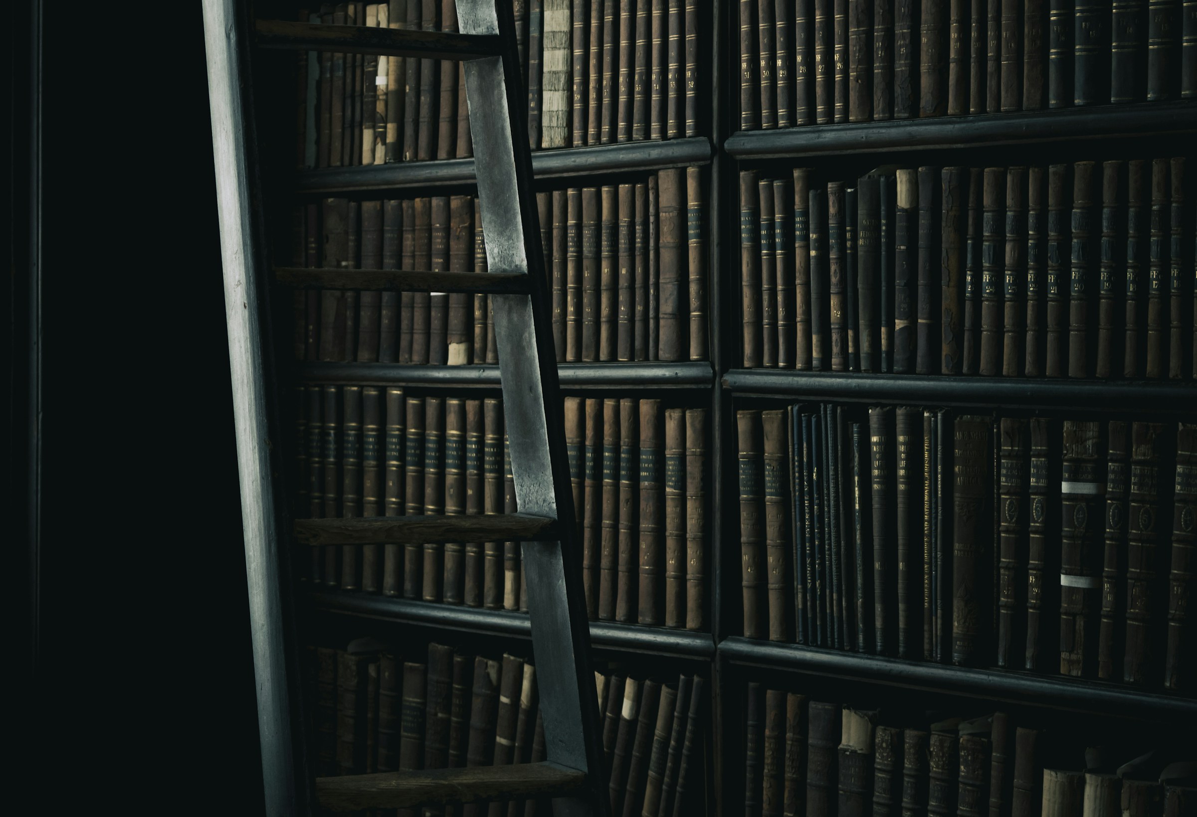 A wall of antique leather-bound books beside a wooden rolling ladder in a dark classic library