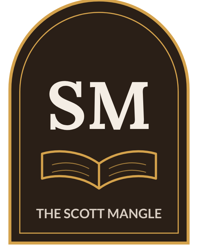 The Scott Mangle bookplate: an arched brass-rimmed plate with an SM monogram above an open book